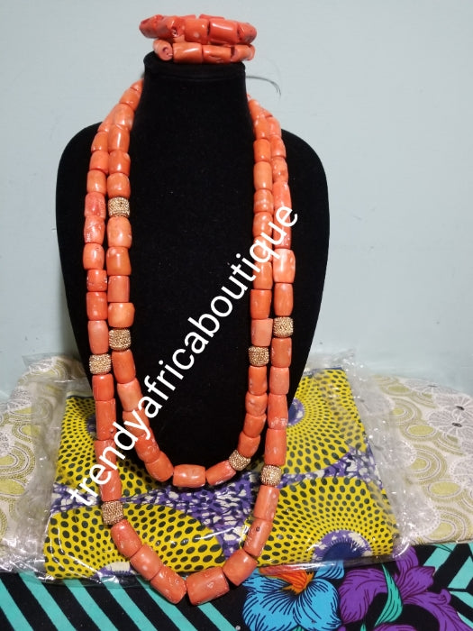 Ready to ship: Big Chunky Edo Coral beads. Original Edo coral bead set for men or women use. 2 long row with gold accent + 2 bracelet all sold together. Coral-necklace set for that special occasion such as traditional wedding.