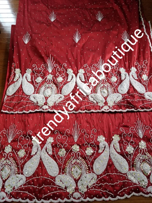 New arrival Superior Quality VIP maroon taffeta. Nigerian Traditional wedding George Wrapper/matching net blouse. Sold 2.5yd + 2.5yds wrapper and 1.8yds blouse fabric for making blouse. All over Finest Quality white beads and Crystal stone hand work