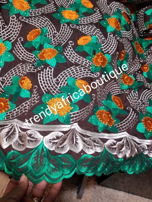 Special sale: Superior quality swiss lace fabric  brown /green multi color flower lace.  Nigerian traditional celebrant Swiss quality embriodery lace. soft beautiful design. Sold per 5yds