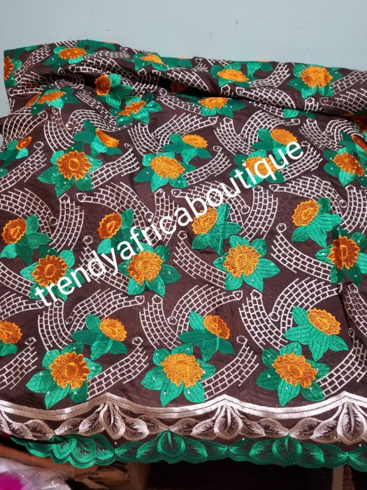 Special sale: Superior quality swiss lace fabric  brown /green multi color flower lace.  Nigerian traditional celebrant Swiss quality embriodery lace. soft beautiful design. Sold per 5yds