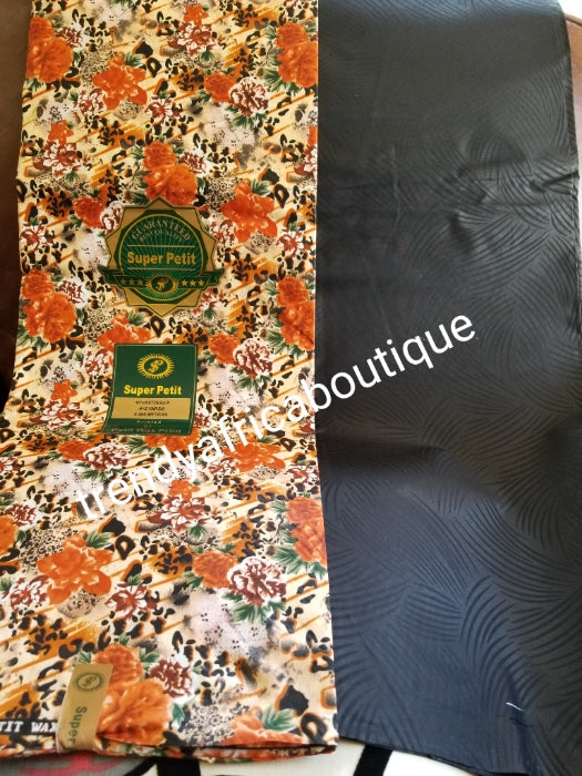 New arrival 4yds flower Ankara + 2yds plain combinations. Latest African  wax print fabric. Black  color mix poly cotton. AFRICAN wax print sold per 6yds. Price is for 6yds.