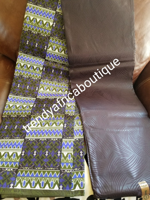 New arrival 4yds flower Ankara + 2yds plain combinations. Latest African  wax print fabric. Chocolare brown  color mix poly cotton. AFRICAN wax print sold per 6yds. Price is for 6yds.