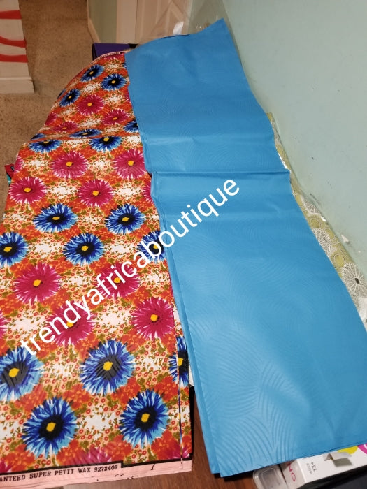 New arrival 4yds flower Ankara + 2yds plain combinations. Latest African  wax print fabric. Turquoise blue color mix poly cotton. AFRICAN wax print sold per 6yds. Price is for 6yds.