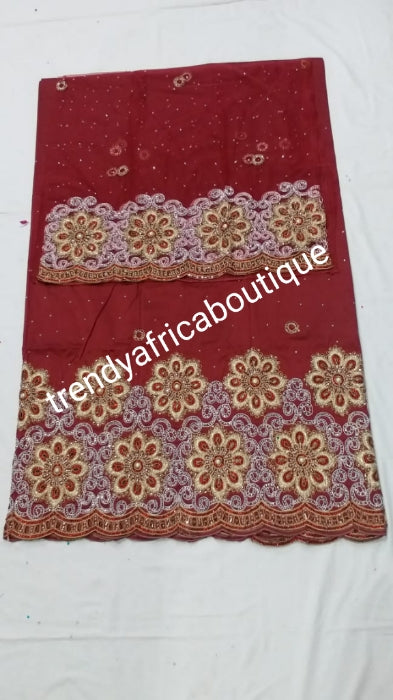 Sale: New arrival Nigerian Tranditional wedding George wrapper. Embellished with quality dazzling beads/crystal stones. Classic wine. Full 5yds + 1.8yds matching blouse + free headtie. Indian-George made with original taffeta silk