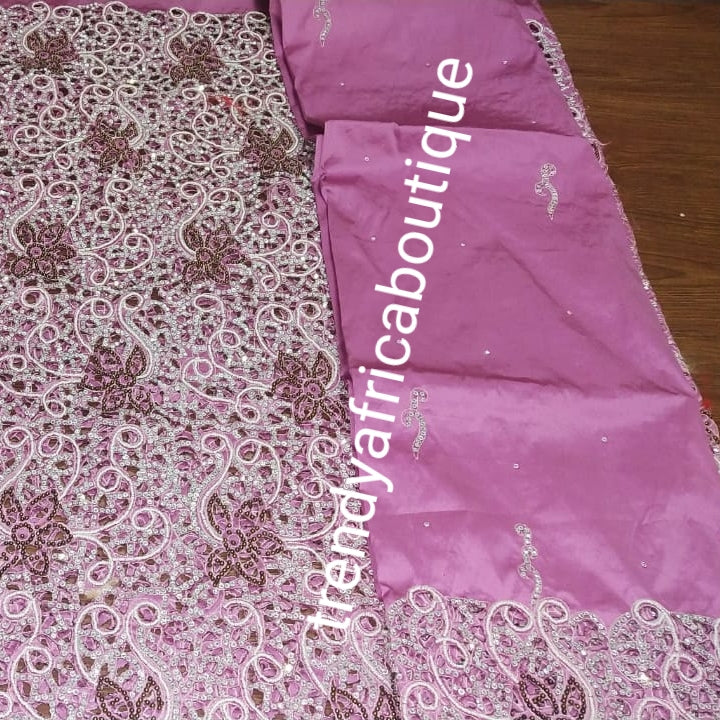 New arrival: Onion Pink VIP/Celebrant Nigerian Bridal George wrapper with matching net blouse stoned to perfection.  All over sparkling Crystal stones. Niger/Igbo/delta traditional wedding for special occasion.