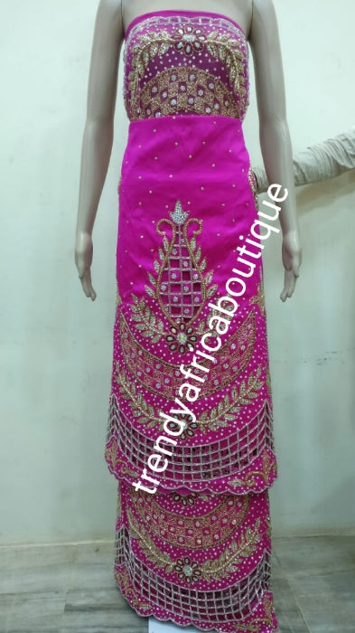Ready to ship: luxury  taffeta Silk George wrapper. Fuschia pink Nigerian Bridal beaded and crystal stoned+ cut work. Sold as  2 wrapper + 1.8yds Net for blouse. Niger/delta/Igbo traditional bridal outfit. Most have sparkling crystal stone work