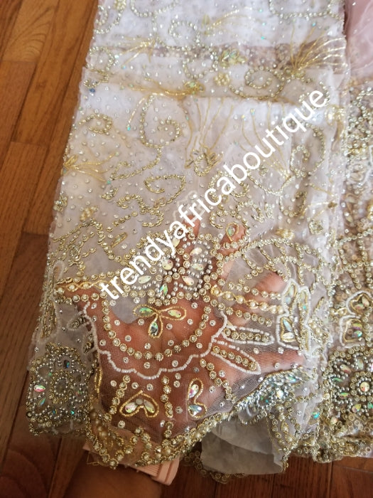 Super quality sweet peach  VIP Madam Net George wrapper for Nigerian bridal/Celebrant outfit.  all over hand beaded/ stoned 2.5yds+ 2.5yds + 1.8yds matching net for blouse. Happy client Rocking same design in Gold.