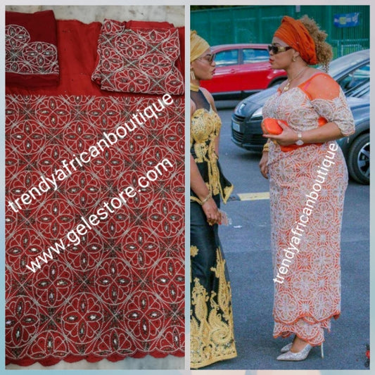 Ready to ship. Beautiful Red Original Quality VIP hand beaded and Crystal stoned George wrapper. 2.5yds + 2.5yds + 1.8 yds matching net blouse. Red carpet/1st lady wrapper. Niger/Delta/Igbo Celebrant Georges.feel the difference in quality!!