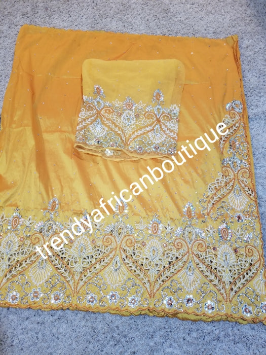 Musterd yellow first lady hand beaded and stoned Nigerian traditional George wrapper with matching blouse. Niger/Delta/Igbo women Georges. Quality George wrapper for high society party. Come as 5yds +1.8yds matching net for blouse