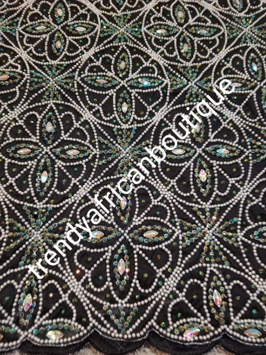 Ready to ship. Beautiful Black Original taffata-Quality VIP hand beaded and Crystal stoned George wrapper. 2.5yds + 2.5yds + 1.8 yds matching net blouse. Red carpet/1st lady wrapper. Niger/Delta/Igbo Celebrant Georges.feel the difference in quality!!