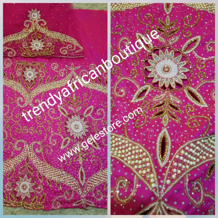 Ready to ship: sale fuschia pink VIP hand beaded and shinning stoned Nigerian traditional Celebrant George wrapper with matching blouse. Niger/Delta/Igbo women Georges. Quality George wrapper for high society party. Sold as set of 2 wrapper +1.8yds blouse