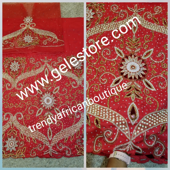 Ready to ship: sale  Red VIP hand beaded and shinning stones Nigerian traditional Celebrant George wrapper with matching blouse. Niger/Delta/Igbo women Georges. Quality George wrapper for high society party. Sold as set of 2 wrapper +1.8yds for blouse