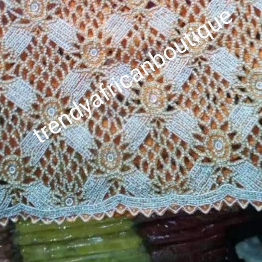 VIP hand beaded and stoned George wrapper. Custom design. Produce-per-order George in your choice of color. Hand made hand cut stone work. 5yds + 1.8 yds matching net blouse. Allow 10-14 days for production