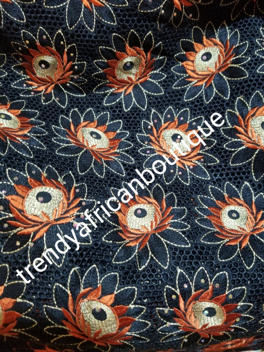 Sold with matching Gele. Exclusive swiss lace fabric Black/burnt Orange/beige swiss lace for African/ Nigerian outfit. soft beautiful design. Sold per 5yds + free gele
