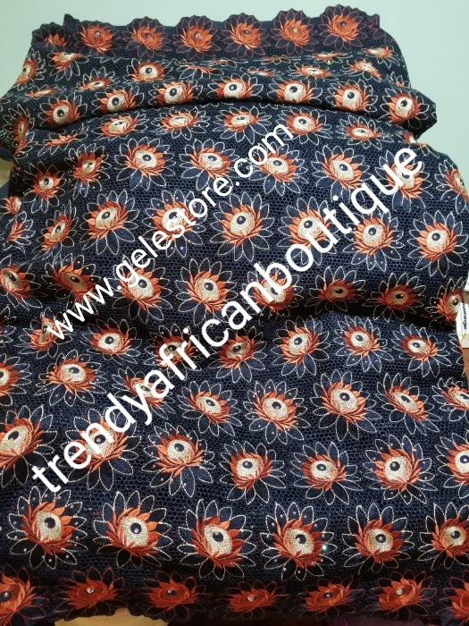 Sold with matching Gele. Exclusive swiss lace fabric Black/burnt Orange/beige swiss lace for African/ Nigerian outfit. soft beautiful design. Sold per 5yds + free gele