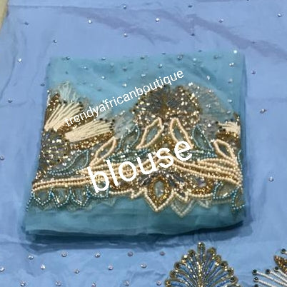 Sale: sky blue first Lady/VIP hand beaded and stoned Nigerian traditional Celebrant George with matching blouse. Niger/Delta/Igbo women Georges. Exclusive Side beaded design wrapper, Sold as a set of 2 wrapper +1.8yds matching net for blouse