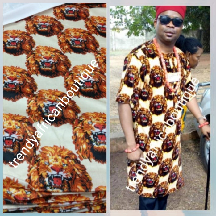 Quality beige/Gold/red  Isi-agu Igbo traditional wrapper use for men shirt or women wrapper. Sold per yard, price is for one yard. Nigerian/igbo ceremonia fabric. Soft texture velvet mix, authentic isi-agu fabric for Igbo title ceremony.