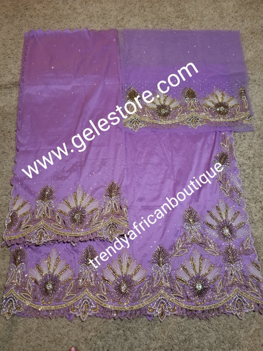 Sale: Lilac color first Lady/VIP hand beaded and stoned Nigerian traditional Celebrant George with matching blouse. Niger/Delta/Igbo women Georges. Exclusive Side beaded design wrapper, Sold as a set of 2 wrapper +1.8yds matching net for blouse