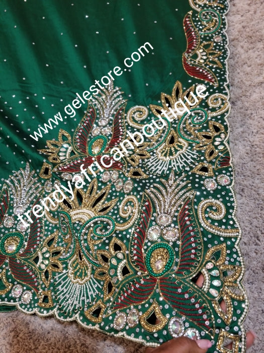 Ready to ship: bottle green first Lady/VIP hand beaded and stoned Nigerian traditional Celebrant George with matching blouse. Niger/Delta/Igbo women Georges. Exclusive Side beaded design wrapper, Sold as a set of 2 wrapper +1.8yds matching net for blouse