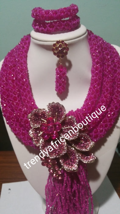 Clearance: Fuschia Pink 3 row Coral-necklace set. Beautiful Celebrant Beaded necklace set. 3pcs  set. 2 row bracelet and a drop earrings. Accent with big brooch