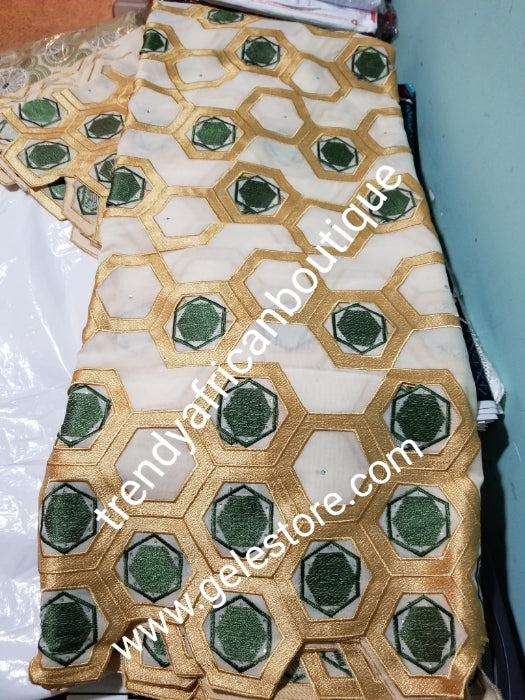 Clearance  Give away price: Gold/olive green  Swiss Embriodery Lace fabric with clear crystal stones. Great quality and texture. Sold per 5yds. Price is for 5yds. African lace for making party outfit. Unisex color