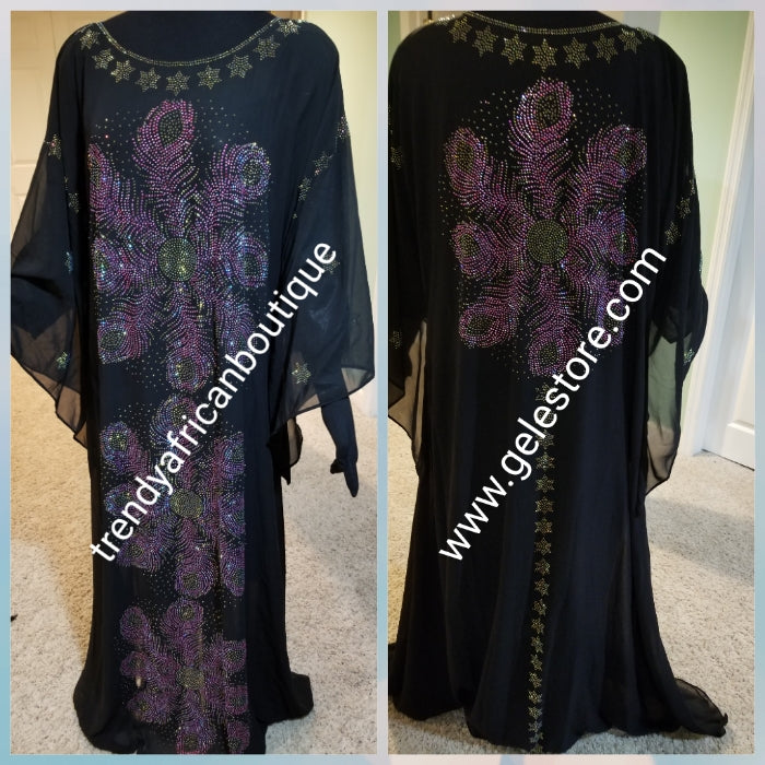 Ready to ship: Black dubai kaftan  dress. free flowing embellished with Multi color Swarovski stones front and back dress to perfection. Availablein size, M,L,XL and XXL.. Chiffon includes headtie. 60' long