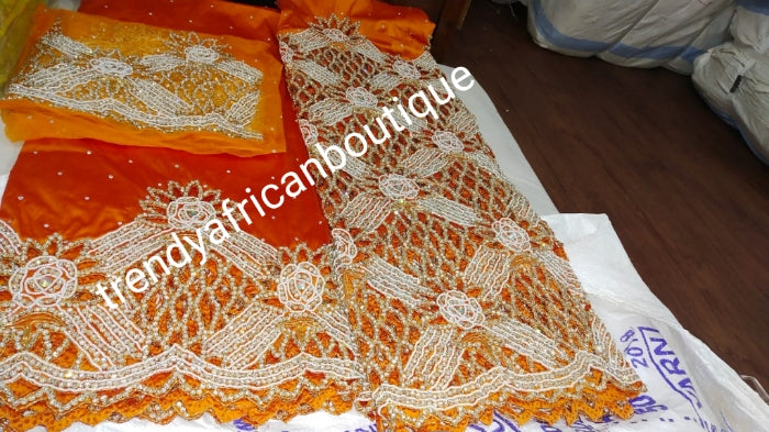 Ready to Ship;  VIP/Celebrant hand beaded and stoned George wrapper. Original quality taffeta wrapper for special occasion exclusive cut  work in 2 in 1 wrapper + 1.8 yds matching net blouse. This is Orange
