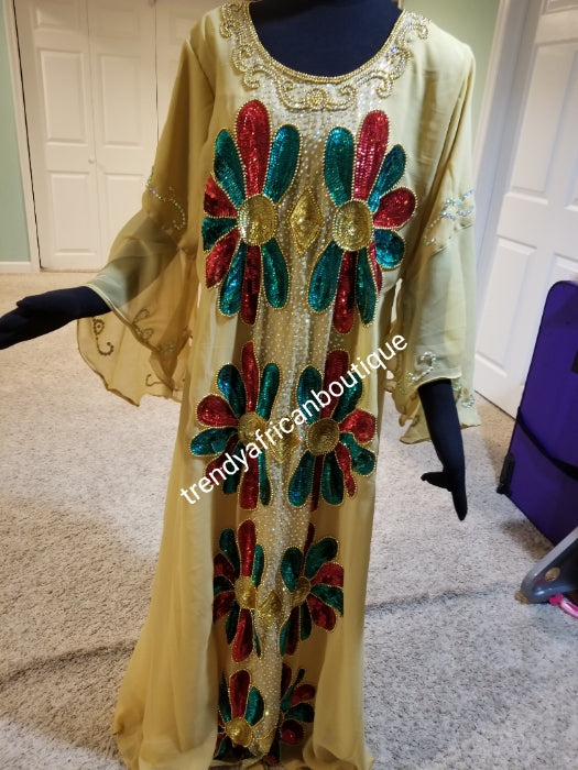 Ready to ship: Beige dubai kaftan  dress. free flowing embellished with Multi color sequence front and back dress to perfection. Availablein size, M,L,XL. Chiffon includes headtie. 60' long