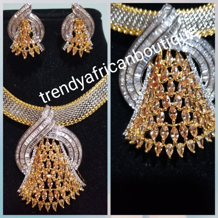 2pcs 22k quality 2 tone  Gold electroplating in choker set. Sold as a set. Pendant is mounted with gold and crystal CZ diamond stones. Top quality/hypo allergenic plating