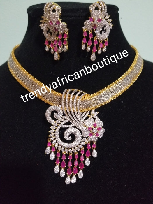 2pcs 22k quality 2 tone  Gold electroplating in choker set. Sold as a set. Pendant is mounted with pink and crystal CZ diamond stones. Top quality/hypo allergenic plating