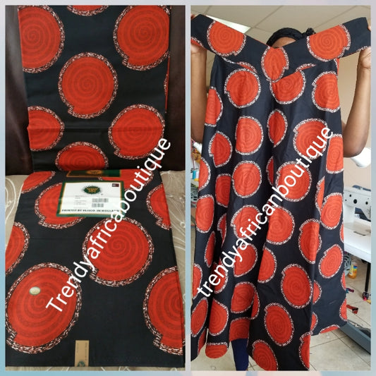 Wunderschöner Stoff mit Wachsdruck aus afrikanischer Baumwolle in Schwarz/Orange. Hochwertiger Ankara-Druck. Verkauft pro 6 Yards.