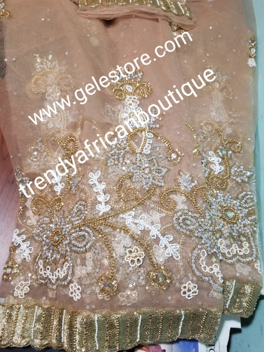 Ready to ship. Classic champagne gold net George. perfect stone work for traditional Bridal outfit. Quality beaded and dazzling crystal stoned on a  net George wrapper. 2.5yds + 2.5yds + 2yds.fabric. Sold as a set, price is for a set.
