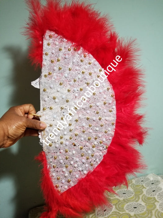 Ready to ship Red Feather hand fan.front and back design. Medium size moon shape.  Bridal-accessories design with gold beads and flower petal. Limited quantity.