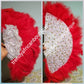 Ready to ship Red Feather hand fan.front and back design. Medium size moon shape.  Bridal-accessories design with gold beads and flower petal. Limited quantity.