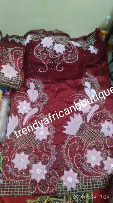 Ready to ship. Exclusive design wine Madam/celebrant Nigerian George wrapper.  2.5yds + 2.5yds + 1.8yds matching net  for blouse. Tradtional Igbo/Delta Bridal outfit. Wine taffeta with pink velvet accent