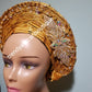 Beaded and stoned Gold Auto-gele made with quality Aso-oke. Beaded and stoned work front and back to perfection.  One size fit, easy to adjust  and knot at the back to secure your gele. This is true original auto gele