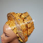 Beaded and stoned Gold Auto-gele made with quality Aso-oke. Beaded and stoned work front and back to perfection.  One size fit, easy to adjust  and knot at the back to secure your gele. This is true original auto gele