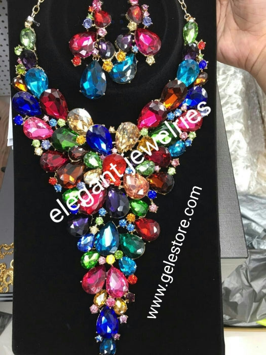 Clearance sale Multi color Crystal stones bridal  necklace Jewelry set. Beautiful Long crystal set. 18k gold plated