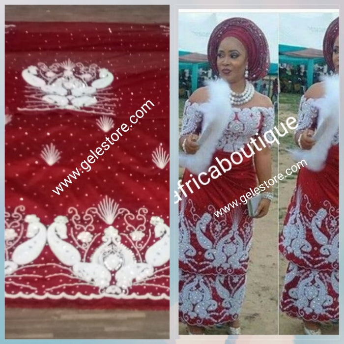 New arrival Superior Quality VIP maroon taffeta. Nigerian Traditional wedding George Wrapper/matching net blouse. Sold 2.5yd + 2.5yds wrapper and 1.8yds blouse fabric for making blouse. All over Finest Quality white beads and Crystal stone hand work
