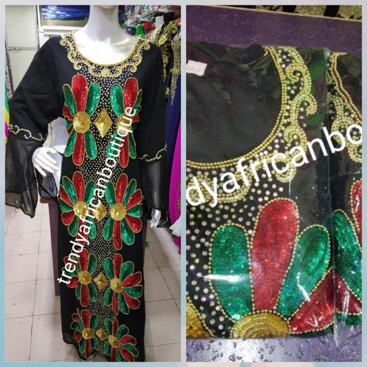 Ready to ship: Black dubai kaftan  dress. free flowing embellished with sequence stone front and back dress to perfection. Availablein size is XXL. Chiffon includes headtie. Front and back design 60' long