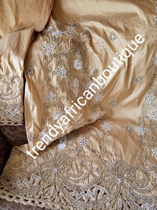 Back in stock: GOLD VIP taffeta silk  George wrapper. For Nigerian traditional weddings.  hand stoned/beaded Niger/delta/Igbo traditional outfit. (2) 2.5yds wrapper + 1.8yds net for blouse