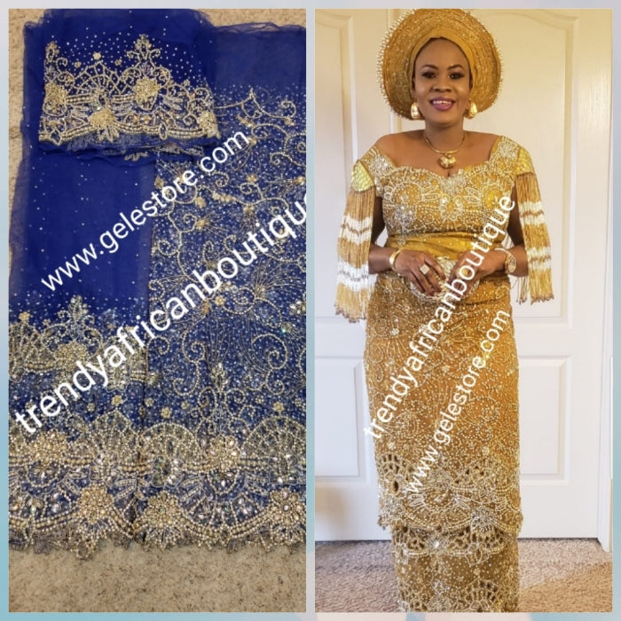 Ready to Ship: Gorgeous Igbo Traditional Bridal outfit- quality Navy blue  net George wrapper embellished with dazzling Crystals all over. 2 wrapper + 1.8yds net for blouse. Ideal for making Celebrant outfit. Model show wearing Gold