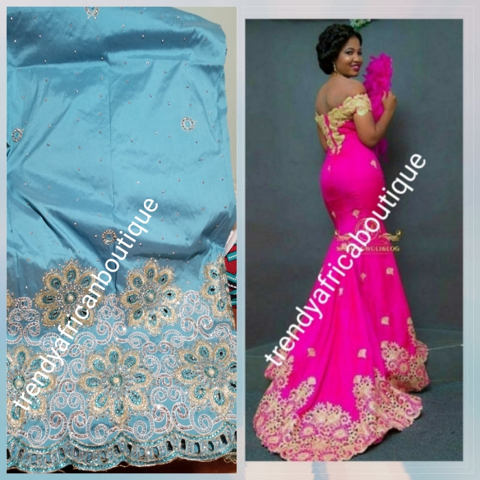 Sale: New arrival Nigerian Tranditional wedding George wrapper. Embellished with quality dazzling beads/crystal stones. Classic sky blue. Full 5yds + 1.8yds matching blouse + free headtie. Indian-George made with original taffeta silk