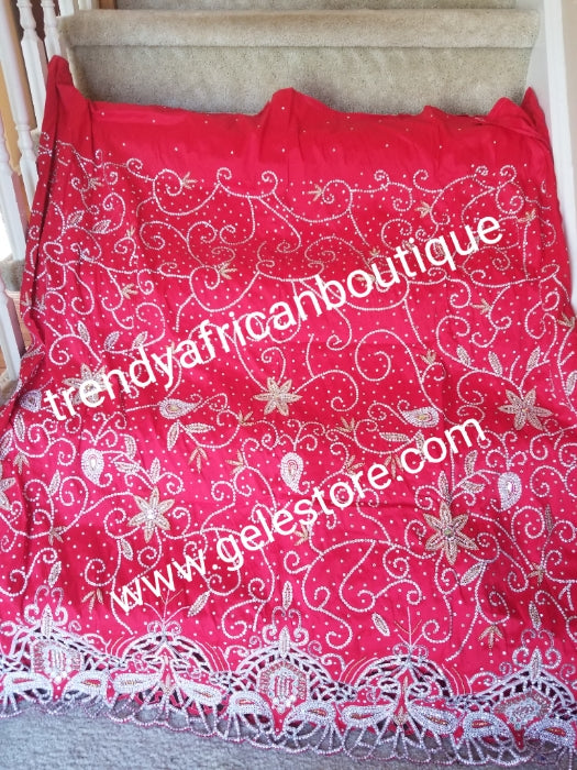 Ready to ship. Exclusive Red VIP Madam/celebrant George wrapper. Embellished with white dazzling crystals and bead work, hand cut border. Special occasion wrapper. 2.5yds + 2.5yds + 1.8yds net for blouse. Niger/Igbo/Delta Bridal outft