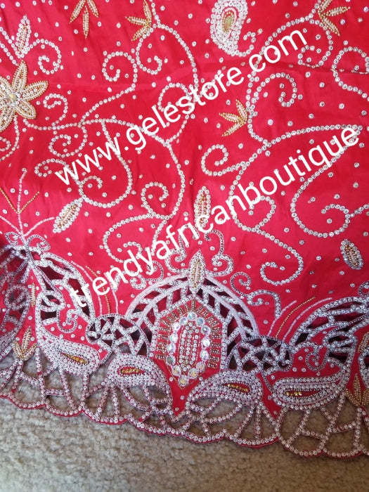 Ready to ship. Exclusive Red VIP Madam/celebrant George wrapper. Embellished with white dazzling crystals and bead work, hand cut border. Special occasion wrapper. 2.5yds + 2.5yds + 1.8yds net for blouse. Niger/Igbo/Delta Bridal outft