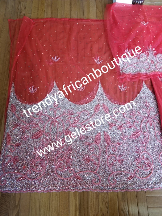 New arrival quality RED VIP Madam Net George wrapper for Nigerian bridal/Celebrant outfit. Net  2.5yds full hand beaded/stoned + Taffeta 2.5yds beaded and stoned border + 1.8yds matching net for blouse . Sold as a set. Taffeta + Net