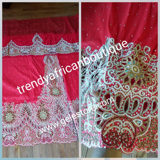 Sale: Exclusive VIP  Nigerian Celebrant Silk George wrapper. All over sparkling crystal stones in handcut design on Red silk George. 2 wrapper (2.5yd each) + 1.8yds net blouse. Igbo bride. Original Swarovski crystals stones that dazzle.