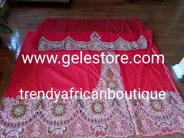Sale: Exclusive VIP  Nigerian Celebrant Silk George wrapper. All over sparkling crystal stones in handcut design on Red silk George. 2 wrapper (2.5yd each) + 1.8yds net blouse. Igbo bride. Original Swarovski crystals stones that dazzle.