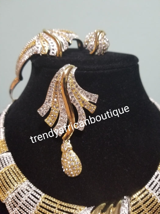 Sale sale: Beautiful Dubai costume jewelry set in 18k two tone gold plating. High quality hypoallergenic jewelry set. 4pcs set. Sold per set. Embellished with crystal stones.