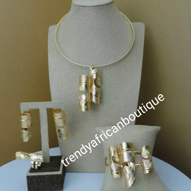 New arrival pendant choker set.  High quality 18k gold electroplated, hypoallergenic jewelry set. 4pcs set. Bangle, drop earrings, and adjustable ing